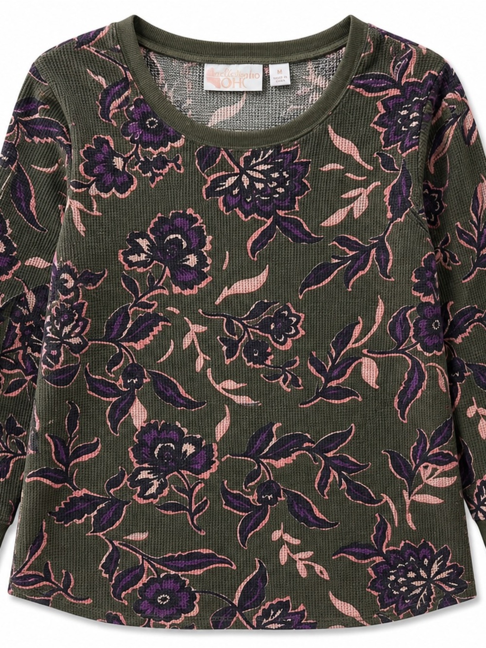 Belle by Kim Gravel Olive Green Floral Long Sleeve Waffle Knit Tee